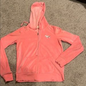 Pink comfy neon coral velvet zip up sweater